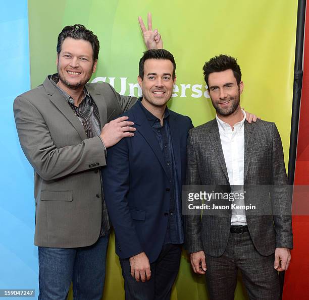 Blake Shelton, Carson Daly and Adam Levine attend NBCUniversal's "2013 Winter TCA Tour" Day 1 at Langham Hotel on January 6, 2013 in Pasadena,...