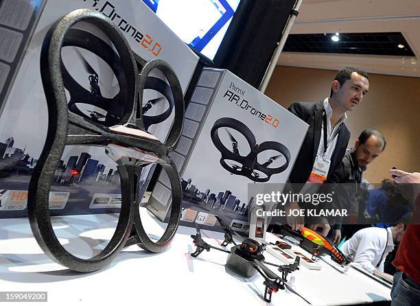 French Parrot introduces their automatic 4 rottor flying drones during the opening event ''CES Unveiled'' during the International Consumer...