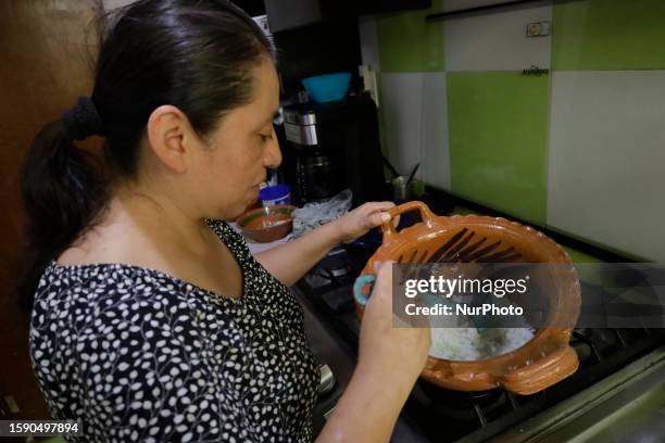 Melina Hernandez Valerio, originally from Tehuacan, Puebla, seasons some ingredients for the preparation of Chiles en Nogada in Mexico City, on the...