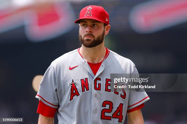 Lucas Giolito of the Los Angeles Angels leaves the game during the fourth inning against the Atlanta Braves at Truist Park on August 2, 2023 in...