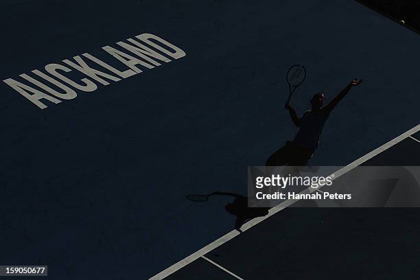 Xavier Malisse of Belgium serves during his first round match against Martin Kilzan of Slovakia during day one of the Heineken Open at ASB Tennis...