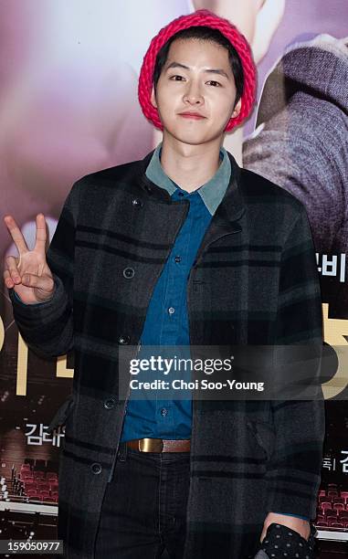 Song Joong-Ki attends the 'My Little Hero' Vip Press Screening at Wangsimni CGV on January 3, 2013 in Seoul, South Korea.