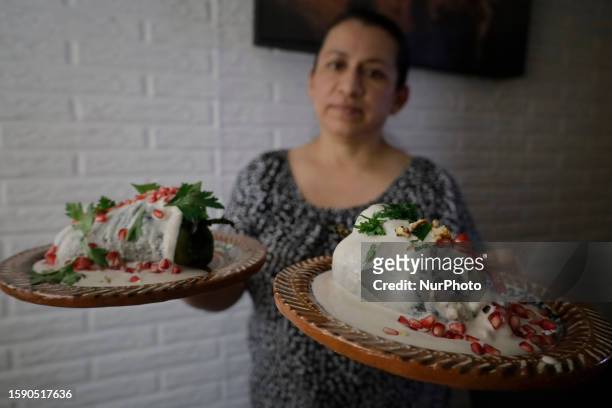 Melina Hernandez Valerio, originally from Tehuacan, Puebla, holds two plates of Chiles en Nogada in Mexico City, which she prepared on the eve of the...