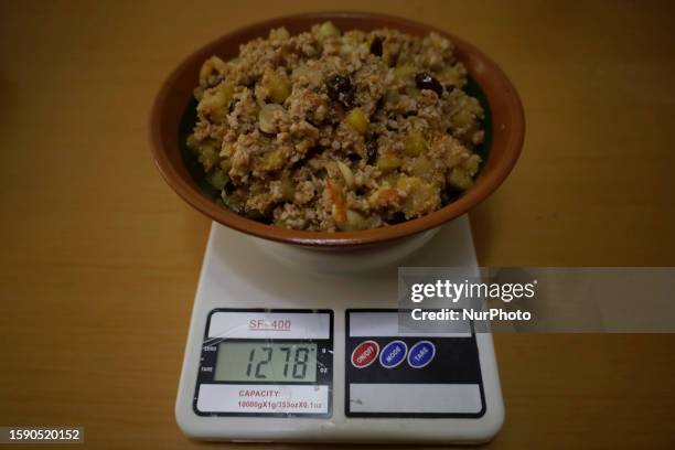 View of stewed ground meat on a scale to make Chiles en Nogada in Mexico City, on the eve of the national holidays in September to commemorate the...