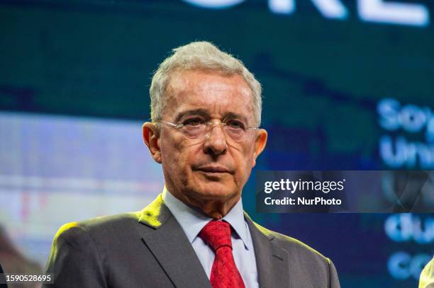 Colombia's former president Alvaro Uribe Velez takes part during an event announcing the candidates for Bogota's council of the Political Party,...