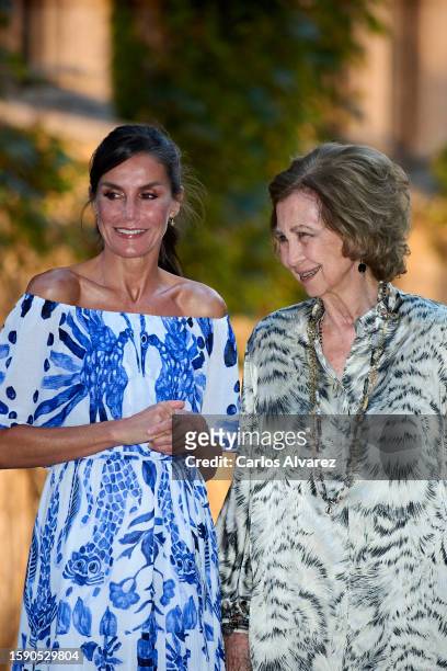Queen Letizia of Spain and Queen Sofia host a dinner for authorities at the Marivent Palace on August 03, 2023 in Palma de Mallorca, Spain.