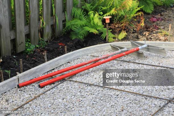 tools for preparation of a new concrete patio - limestone stock pictures, royalty-free photos & images
