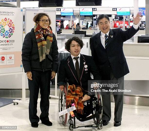 Female Soccer player Homare Sawa, Paralympic swimmer Takayuki Suzuki and Tokyo 2020 Olympic Games bidding committee CEO Masato Mizuno pose for...