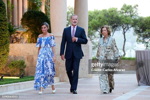 King Felipe VI of Spain , Queen Letizia of Spain , and Queen Sofia host a dinner for authorities at the Marivent Palace on August 03, 2023 in Palma...