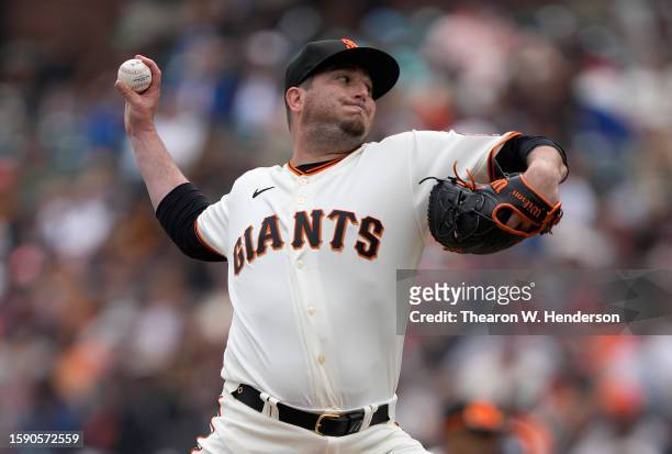 Luke Jackson of the San Francisco Giants pitches against the Arizona Diamondbacks in the top of the seventh inning at Oracle Park on August 03, 2023...