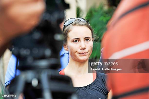 Burry Stander's wife, Cherise Stander, gives a statement to the media about Burry's death on January 6, 2013 in Balito, South Africa. Burry was hit...