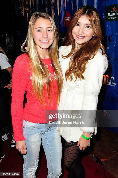 Hosts Lia Marie Johnson and Jennessa Rose arrive at the CHILL-OUT closing night concert at The Queen Mary on January 6, 2013 in Long Beach,...