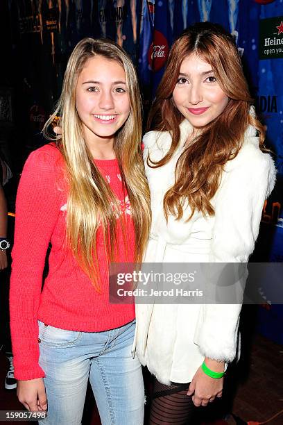 Hosts Lia Marie Johnson and Jennessa Rose arrive at the CHILL-OUT closing night concert at The Queen Mary on January 6, 2013 in Long Beach,...