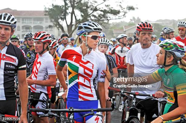 An emotional Cherise Stander, wife to the late Burry, starts the cyle to honour her husband on January 6, 2013 in Balito, South Africa. Burry was hit...