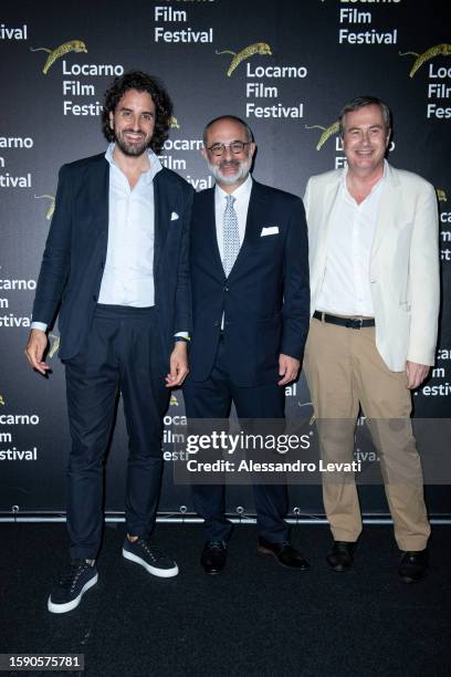 Raphael Brunschwig, Giona Antonio Nazzaro and Olivier Pere attends the red carpet at the 76th Locarno Film Festival on August 03, 2023 in Locarno,...