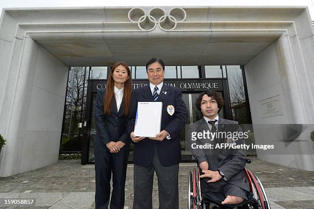 Members of the delegation of Tokyo bid Four-time Olympian and 2011 FIFA Ballon d'Or winner Homare Sawa, Tokyo 2020 CEO Masato Mizuno and Paralympic...