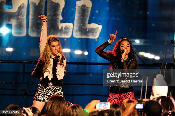 Maddie Simpson and Lexis Watkins of Girl Squad perform at the CHILL-OUT closing night concert at The Queen Mary on January 6, 2013 in Long Beach,...