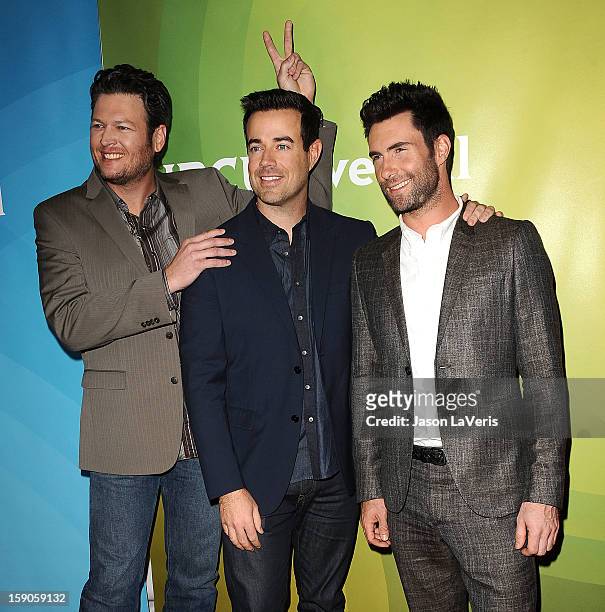 Blake Shelton, Carson Daly and Adam Levine attend the 2013 NBC TCA Winter Press Tour at The Langham Huntington Hotel and Spa on January 6, 2013 in...