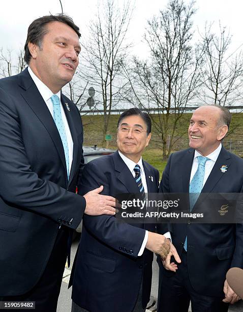 Tokyo 2020 CEO Masato Mizuno with the Bid Committie Leader of Istanbul 2020, Hasan Arat and the Major of Istanbul Kadir Topbas talk on January 7,...