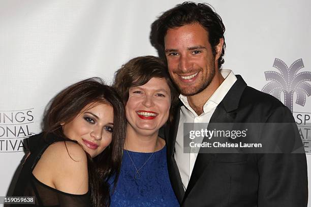 Actress Lola Tash, director Sara St. Onge and actor Charlie Carrick arrive at the Canadian film party at the 24th annual Palm Springs International...