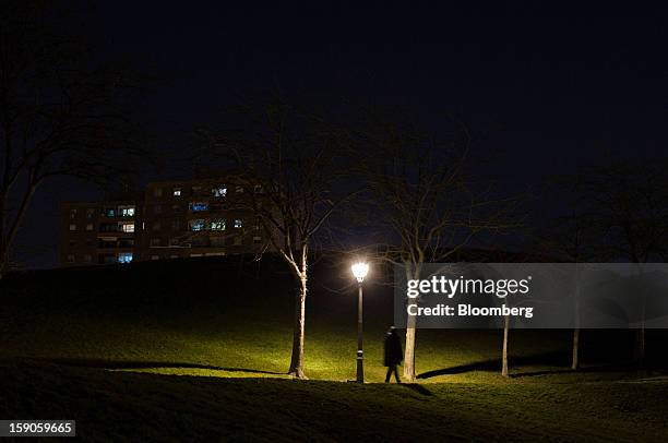 Pedestrian walks along a path illuminated by an electric street light in a park in Madrid, Spain, on Sunday, Jan. 6, 2013. In December, the Spanish...