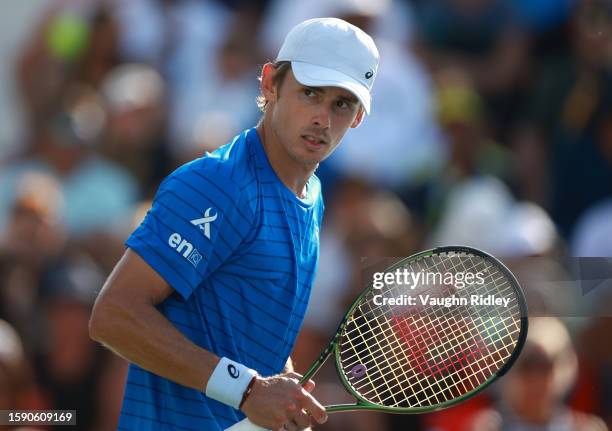 Alex De Minaur of Australia celebrates a point against Taylor Fritz of the United States during Day Four of the National Bank Open, part of the...