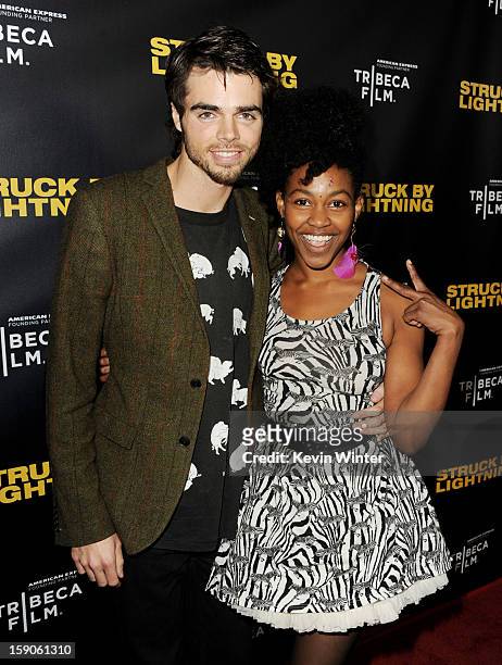 Actors Reid Ewing and Danielle Watts arrive at a screening of Tribeca Film's "Struck By Lightning" at the Chinese Cinema 6 Theaters on January 6,...