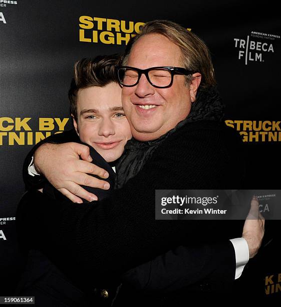 Actor/producer/writer Chris Colfer and director Brian Dannelly arrive at a screening of Tribeca Film's "Struck By Lightning" at the Chinese Cinema 6...