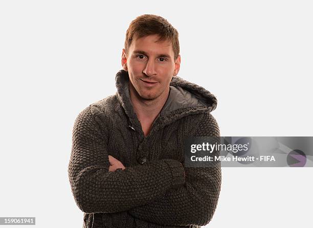 Lionel Messi of Barcelona and Argentina poses for a portrait prior to the FIFA Ballon d'Or Gala 2012 at the Kongresshaus on January 7, 2013 in...