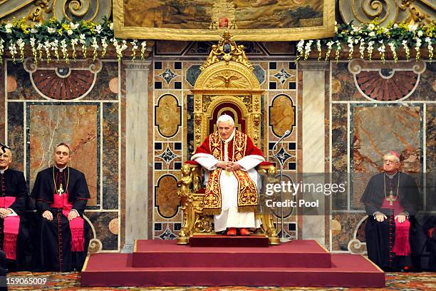 Pope Benedict XVI delivers his annual 'state of the world' address to accredited ambassadors at the Regia Hall on January 7, 2013 in Vatican City,...