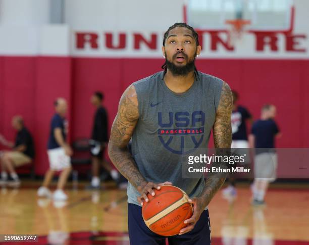 Brandon Ingram of the 2023 USA Basketball Men’s National Team shoots at a practice session during the team's training camp at the Mendenhall Center...