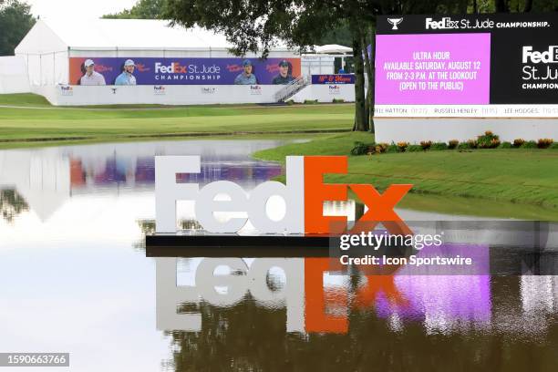 General view of the FedEx logo during the first round of the FedEx St. Jude Championship on August 10, 2023 at TPC Southwind in Memphis, Tennessee.