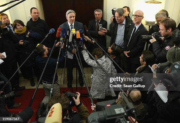 Berlin Mayor Klaus Wowereit speaks to reporters following a meeting of the governing board of the new Willy Brandt Berlin Brandenburg International...