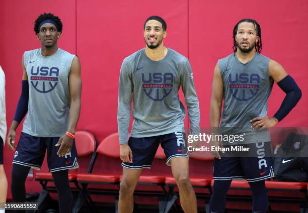 Langston Galloway of the 2023 USA Basketball Men's Select Team and Tyrese Haliburton and Jalen Brunson of the 2023 USA Basketball Men’s National Team...