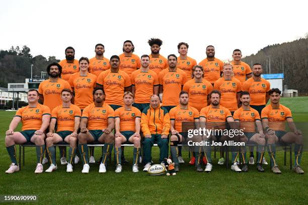 Australia poses for a team photo during the Australia Wallabies Captain's Run at Logan Park on August 04, 2023 in Dunedin, New Zealand.