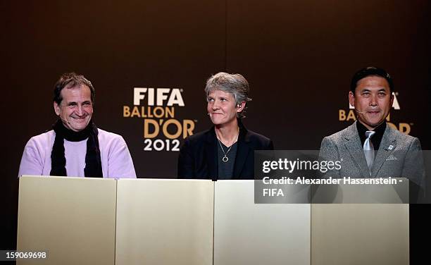 Bruno Bini of France, Pia Sundhage of Sweden and Norio Sasaki of Japan during the Press Conference for the Nominees for the Women's World Player of...