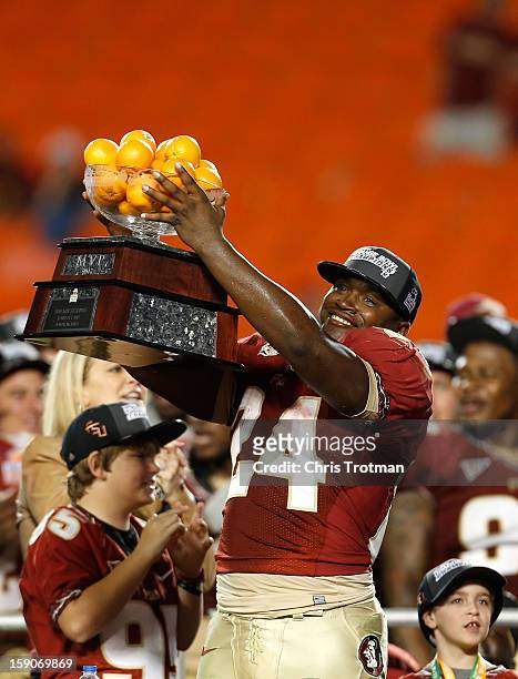 Orange Bowl MVP Lonnie Pryor of the Florida State Seminoles celebrates after they won 31-10 against the Northern Illinois Huskies during the Discover...