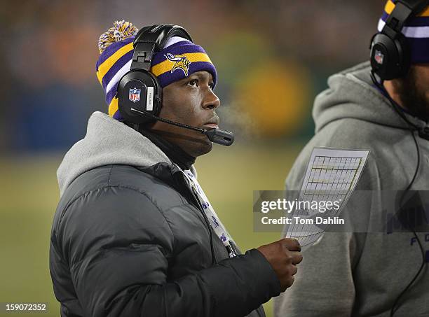 Defensive Coordinator Alan Williams of the Minnesota Vikings watches from the sidelines during an NFL game against the Green Bay Packers at Lambeau...