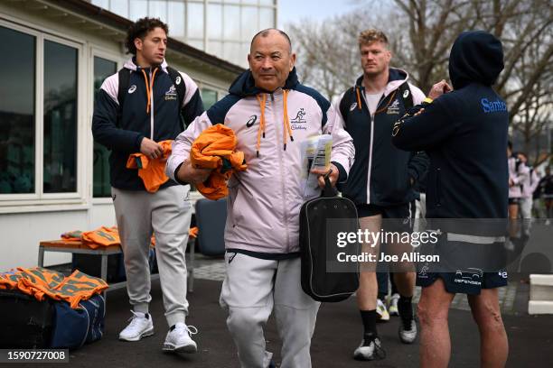 Head coach Eddie Jones of Australia arrives ahead of the Australia Wallabies Captain's Run at Logan Park on August 04, 2023 in Dunedin, New Zealand.