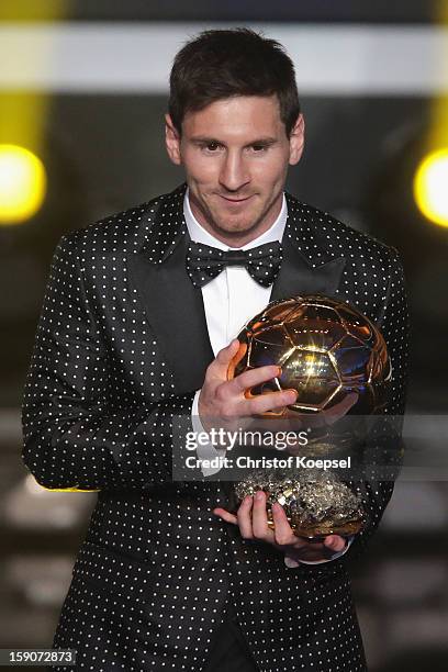 Lionel Messi of Argentina receives the FIFA Ballon d'Or 2012 trophy on January 7, 2013 in Zurich, Switzerland.