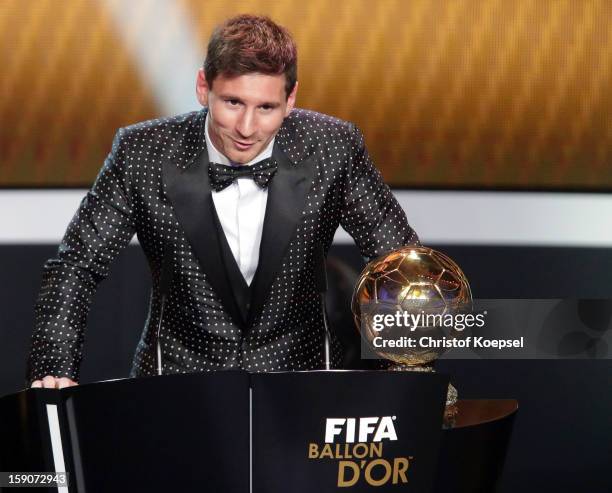 Lionel Messi of Argentina receives the FIFA Ballon d'Or 2012 trophy on January 7, 2013 in Zurich, Switzerland.