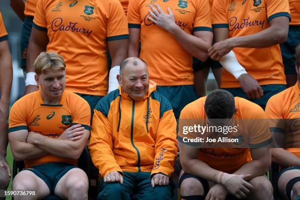 Head coach Eddie Jones of Australia looks on during the Australia Wallabies Captain's Run at Logan Park on August 04, 2023 in Dunedin, New Zealand.