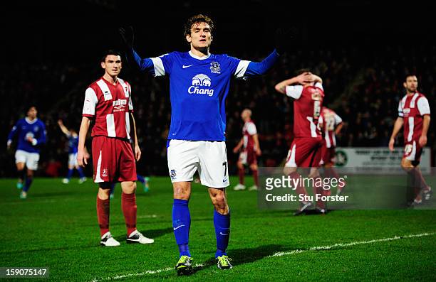 Nikica Jelavic of Everton celebrates as he scores their first goal during the FA Cup with Budweiser Third Round match between Cheltenham Town and...
