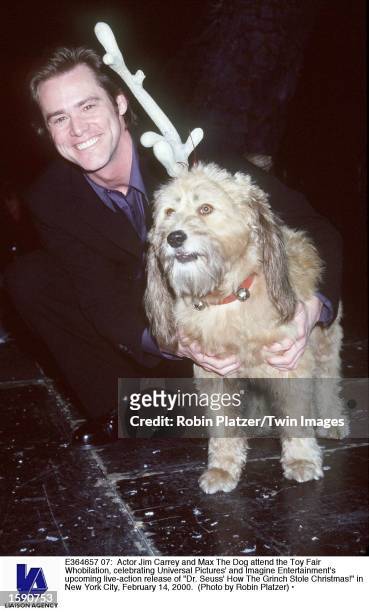 Actor Jim Carrey and Max The Dog attend the Toy Fair Whobilation, celebrating Universal Pictures'' and Imagine Entertainment's upcoming live-action...