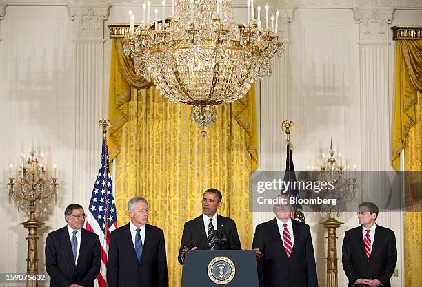 President Barack Obama, center, makes an announcement flanked by his nominee for Secretary of Defense Chuck Hagel, second left, a former Republican...