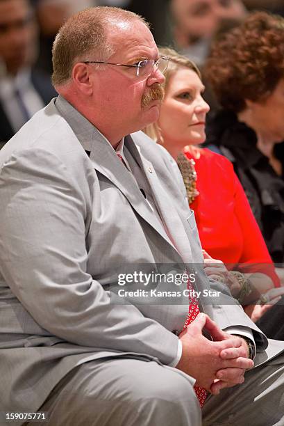 Kansas City Chiefs head coach Andy Reid, left, with his wife Tammy, wait to be introduced at Reid's first news conference Monday, January 7 at...