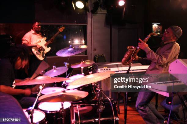 Kenny Garrett Quartet performing at Iridium on Wednesday night, October 8, 2008.This image;Kenny Garrett on alto saxophone with Justin Brown on drums...