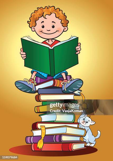 boy reading a book - cat sitting stock illustrations