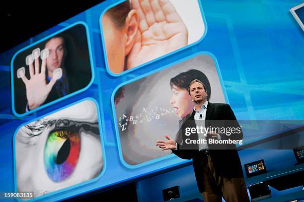 Kirk Skaugen, vice president of PC client group with Intel Corp., talks about "perceptual computing" during a news conference at the 2013 Consumer...