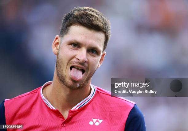 Hubert Hurkacz of Poland gestures to his coach in a match against Carlos Alcaraz of Spain during Day Four of the National Bank Open, part of the...